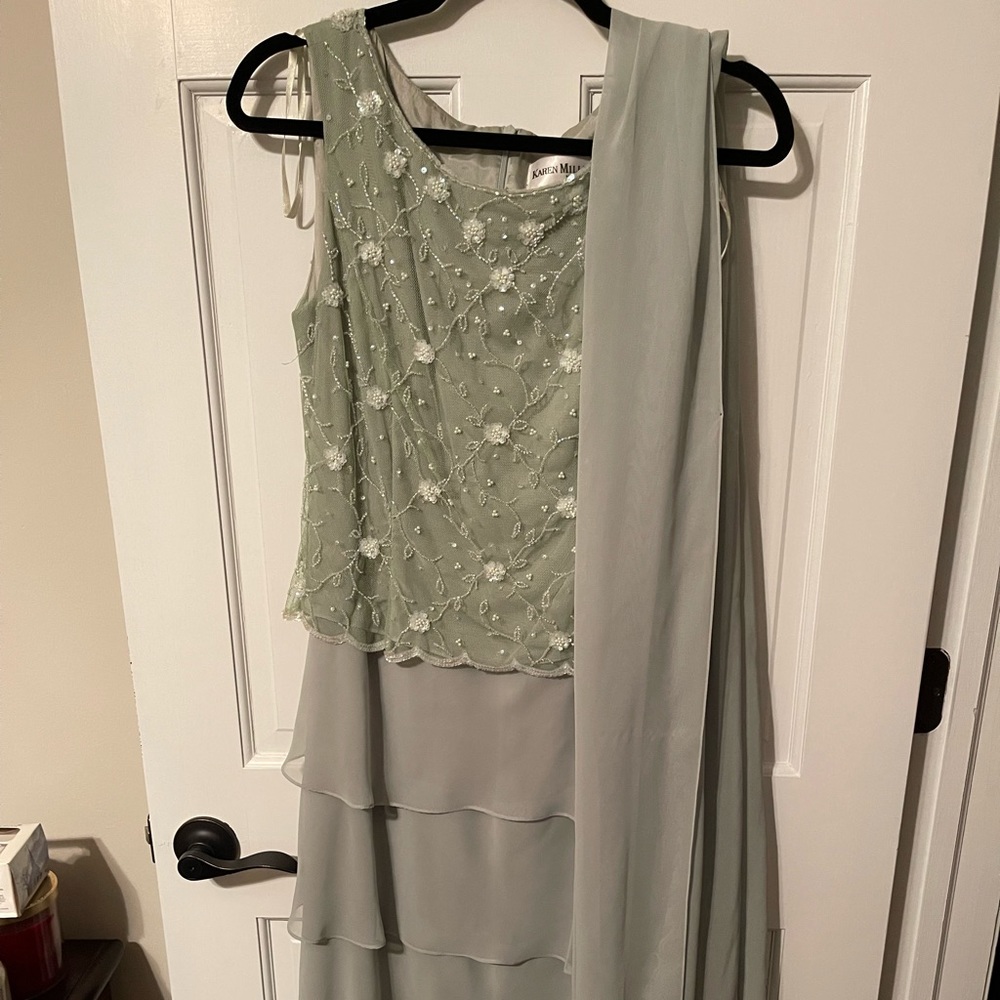 Beaded Sage Green Maxi Dress with Scarf